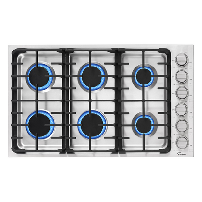Start2Finish Empava 36GC34 36-inch built-in gas cooktop with four burners and black finish, stainless steel control knobs.