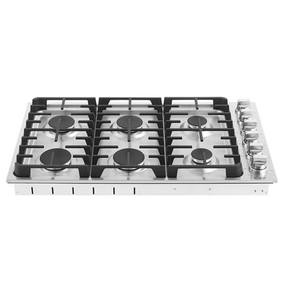 Empava 36-inch built-in gas cooktop with four burners and control knobs, black surface with stainless steel trim.