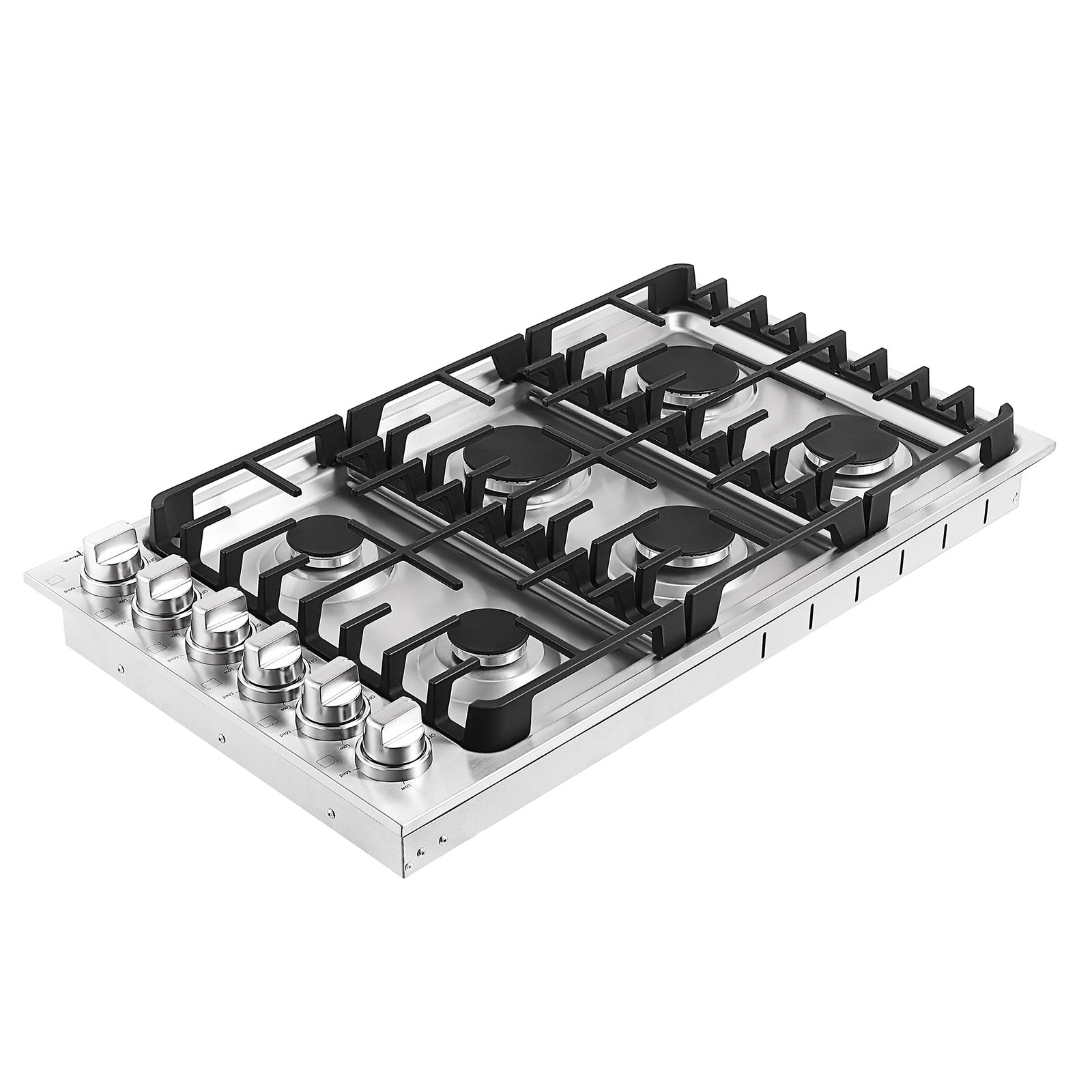 Empava 36-inch built-in gas cooktop with four burners and black finish, featuring control knobs and stainless steel trim.