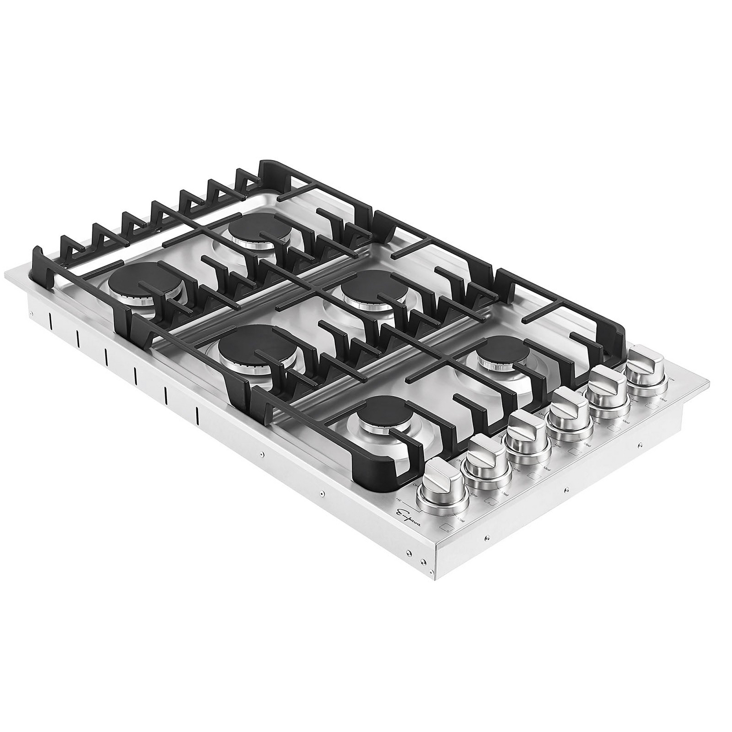 Empava 36-inch built-in gas cooktop with four burners and stainless steel finish, featuring control knobs and grates.