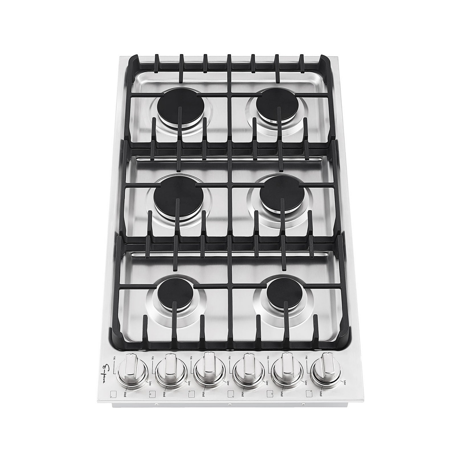 Empava 36-inch built-in gas cooktop with four burners and stainless steel finish, featuring control knobs and grates.