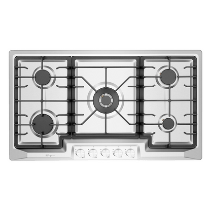Empava 36-inch built-in gas cooktop with four burners and control knobs, installed in a modern kitchen countertop.
