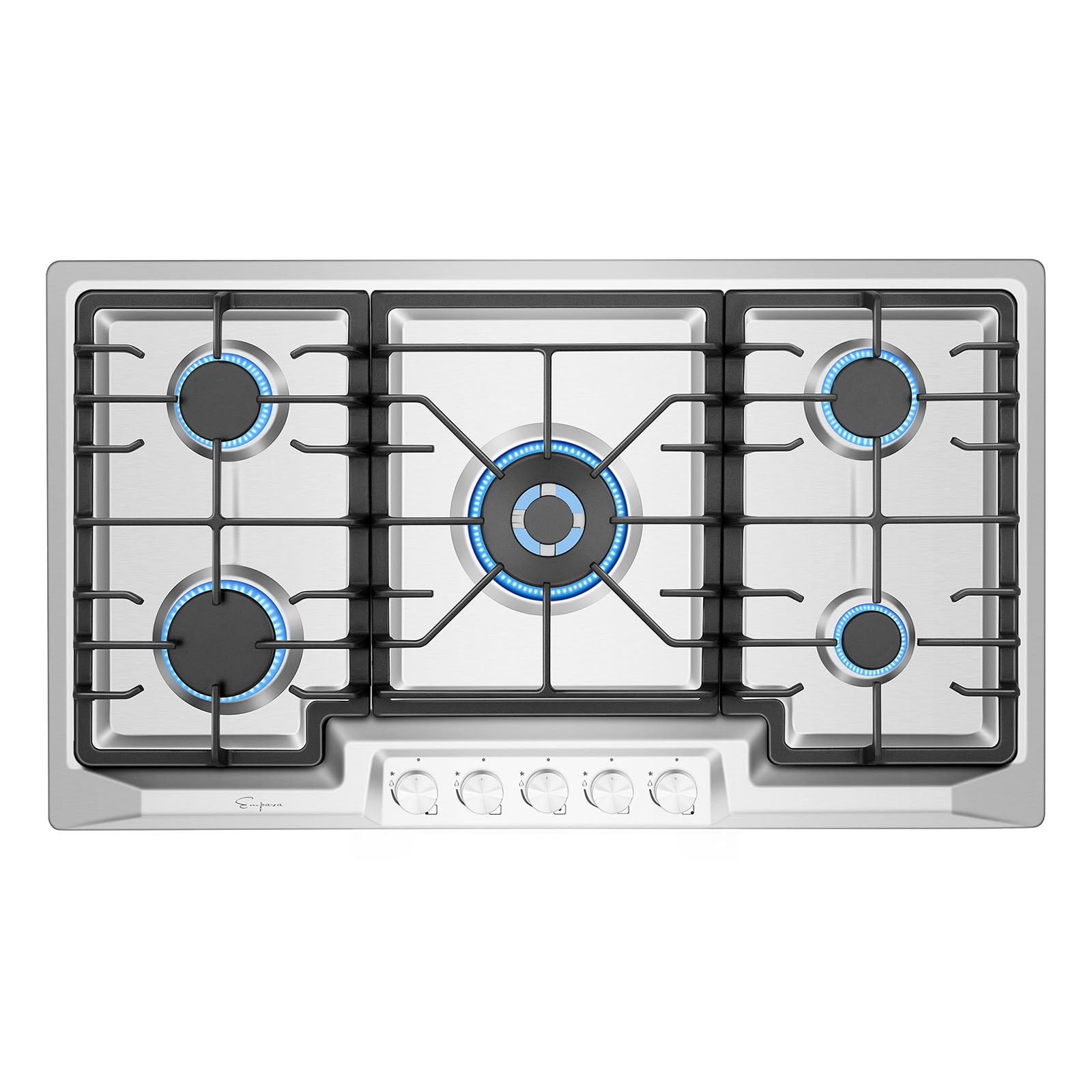Start2Finish Empava 36-inch built-in gas cooktop with four burners, stainless steel surface, and control knobs for precise cooking.
