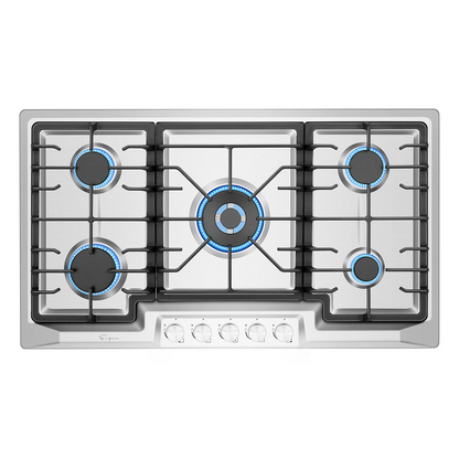 Start2Finish Empava 36-inch built-in gas cooktop with four burners, stainless steel surface, and control knobs for precise cooking.