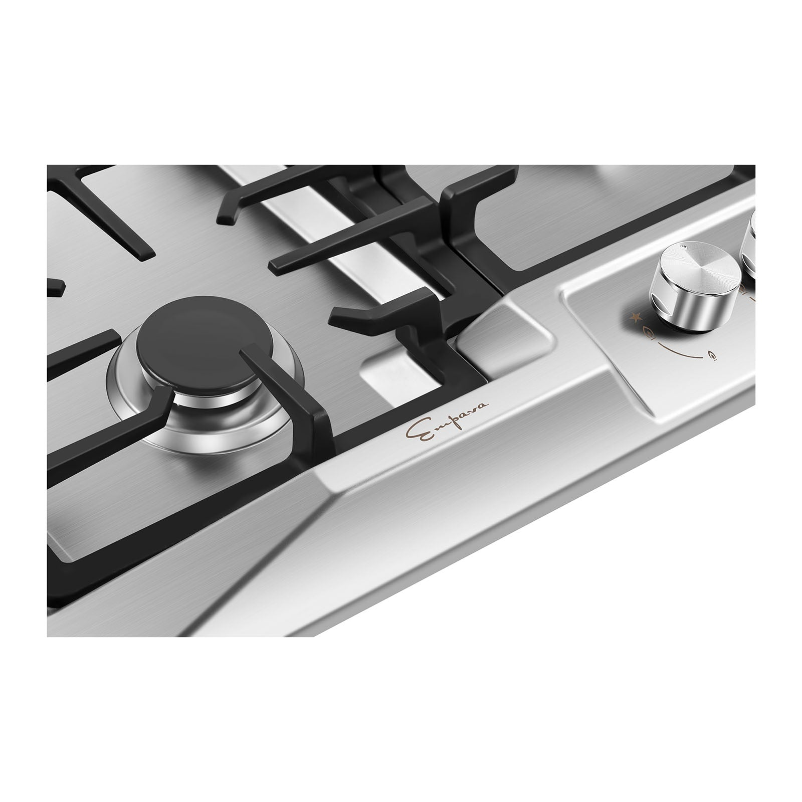 Empava 36-inch built-in gas cooktop with four burners and control knobs, ideal for modern kitchen appliances.