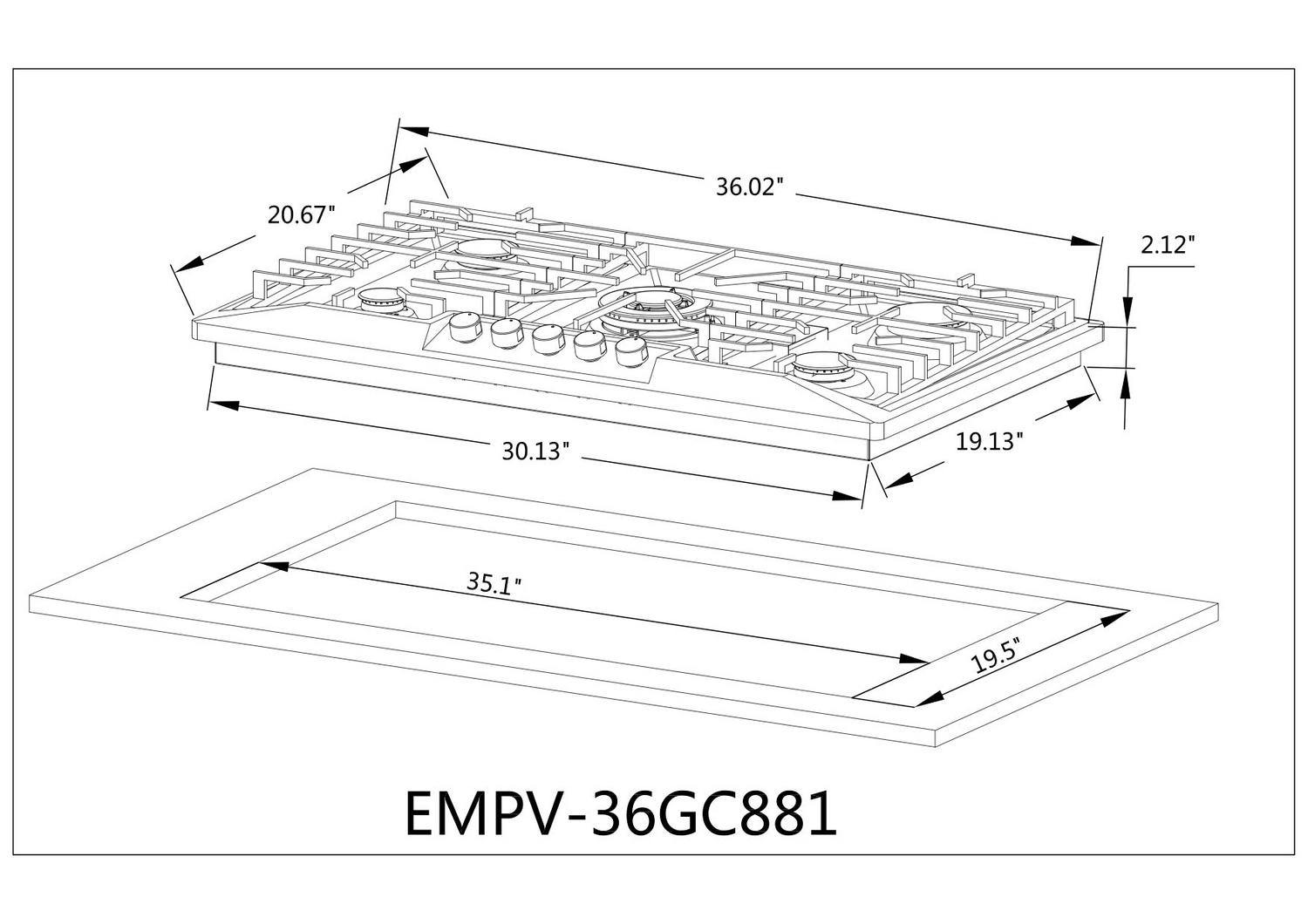 Empava 36-inch built-in gas cooktop with four burners and control knobs, part of the Start2Finish appliances range.