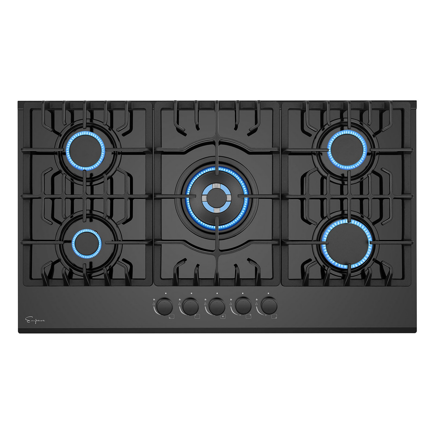 Empava 36-inch built-in gas cooktop with four burners and control knobs, installed in a modern kitchen countertop.