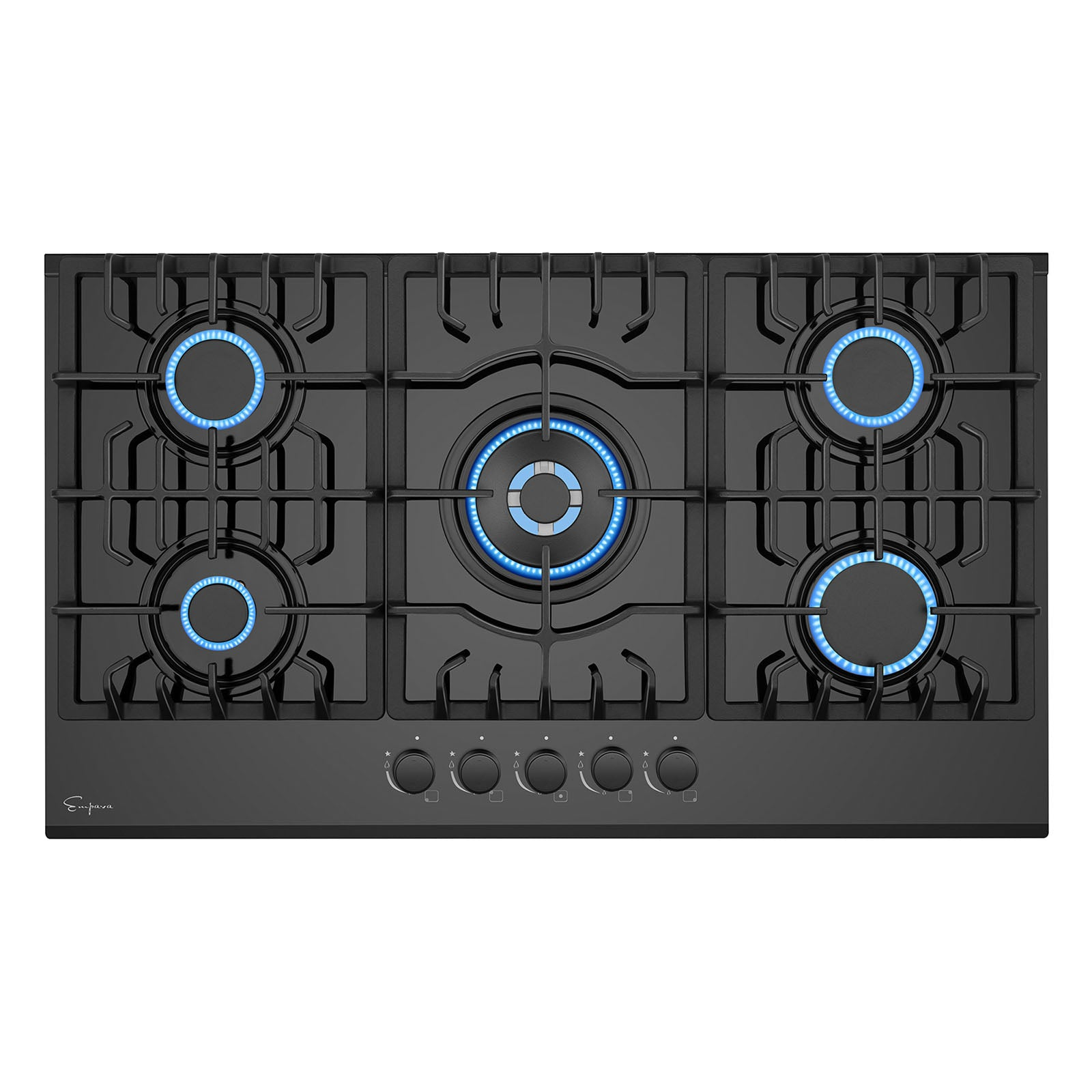 Empava 36-inch built-in gas cooktop with four burners and control knobs, installed in a modern kitchen countertop.