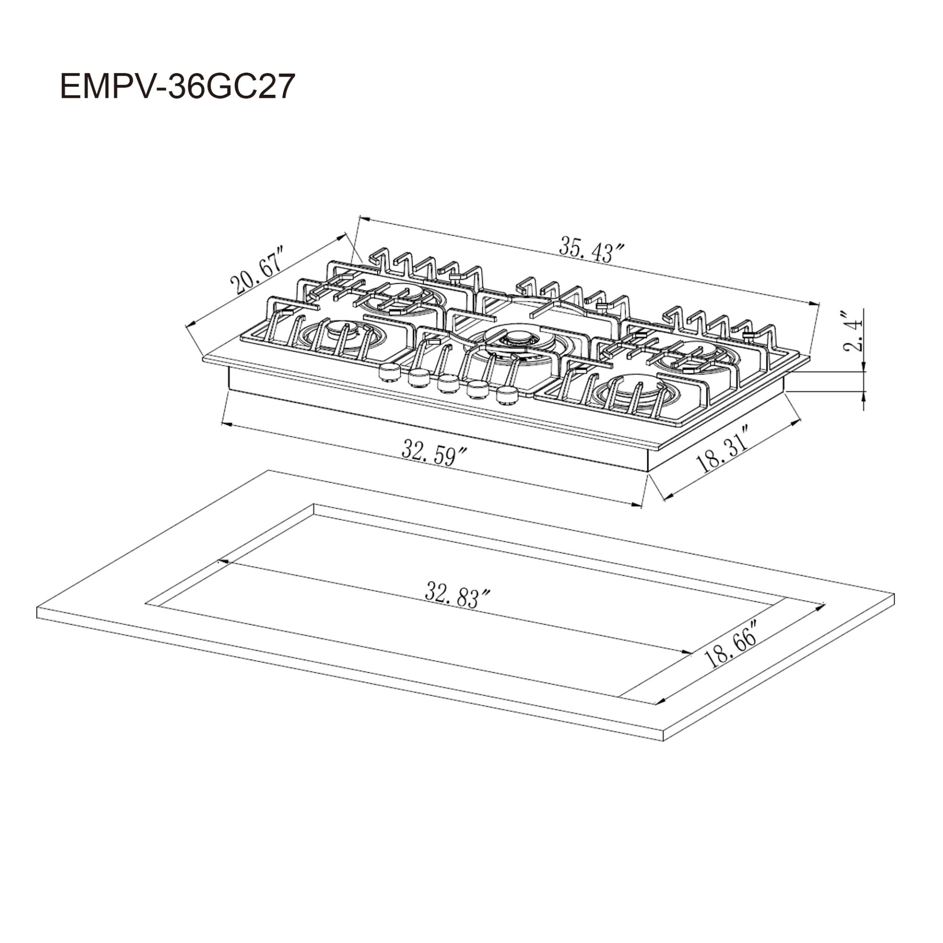 Empava 36-inch built-in gas cooktop with four burners, stainless steel finish, and control knobs for precise cooking.
