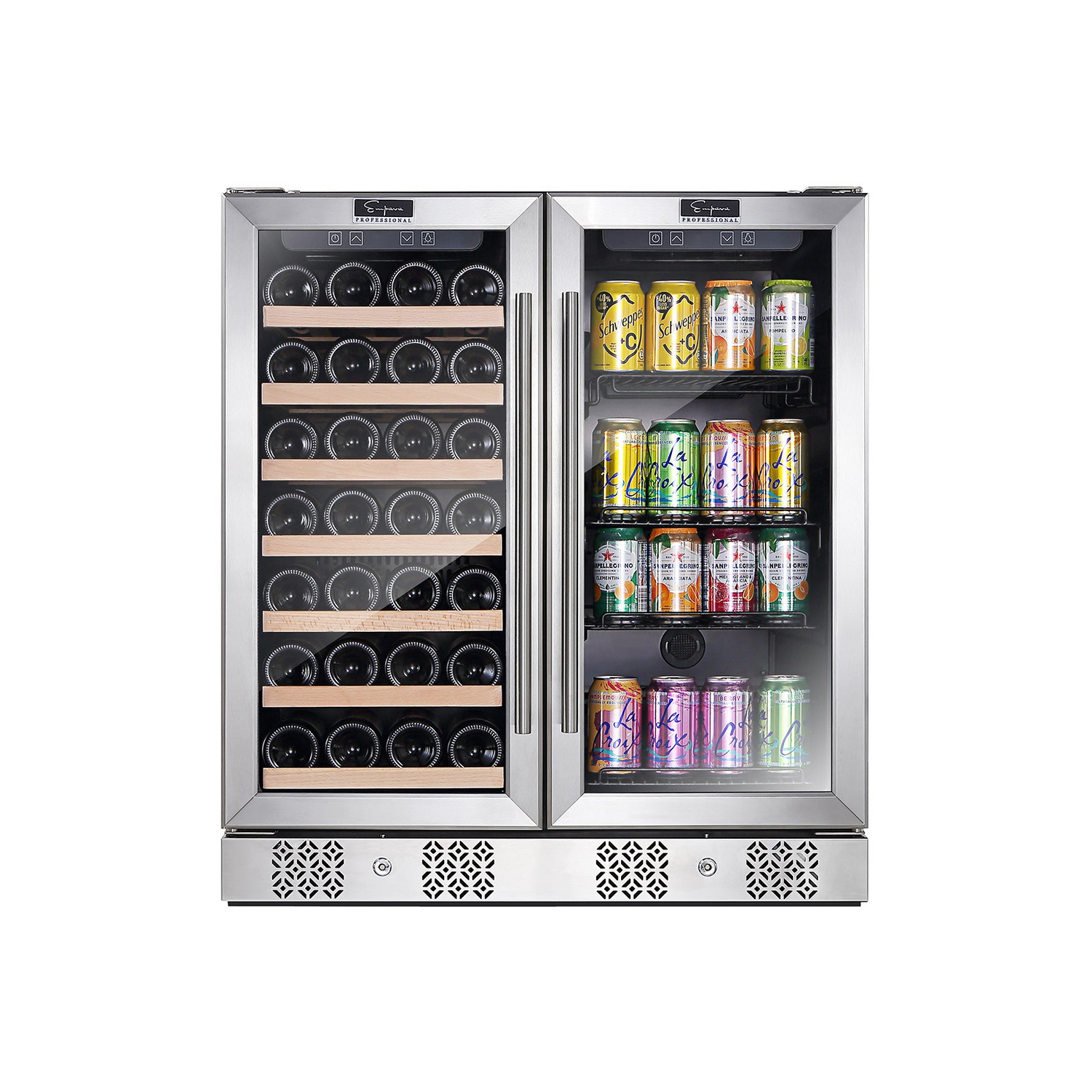 Start2Finish Empava BR04D dual zone wine and beverage cooler fridge with glass door and digital controls in a modern kitchen setting.