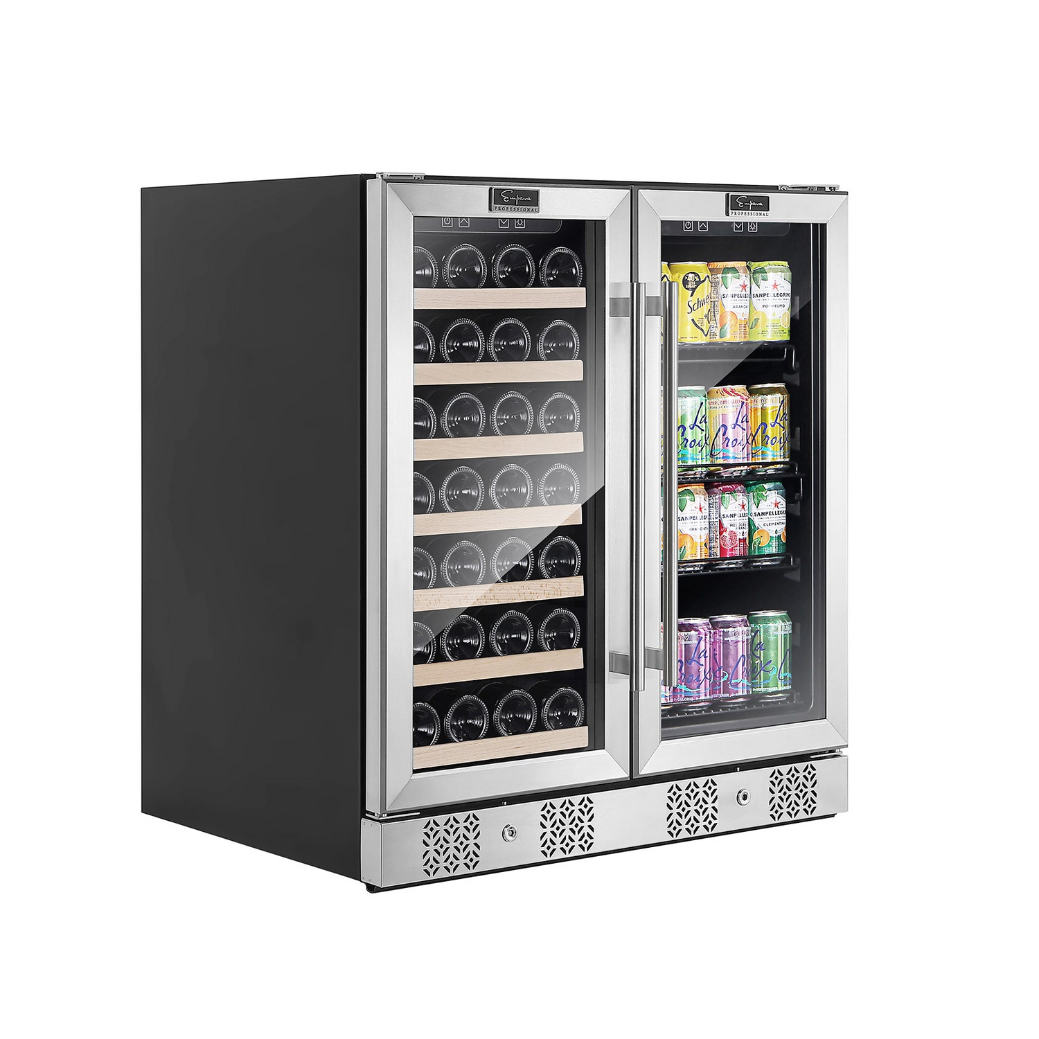 Start2Finish Empava BR04D dual zone wine and beverage cooler fridge with glass door and digital controls inside.
