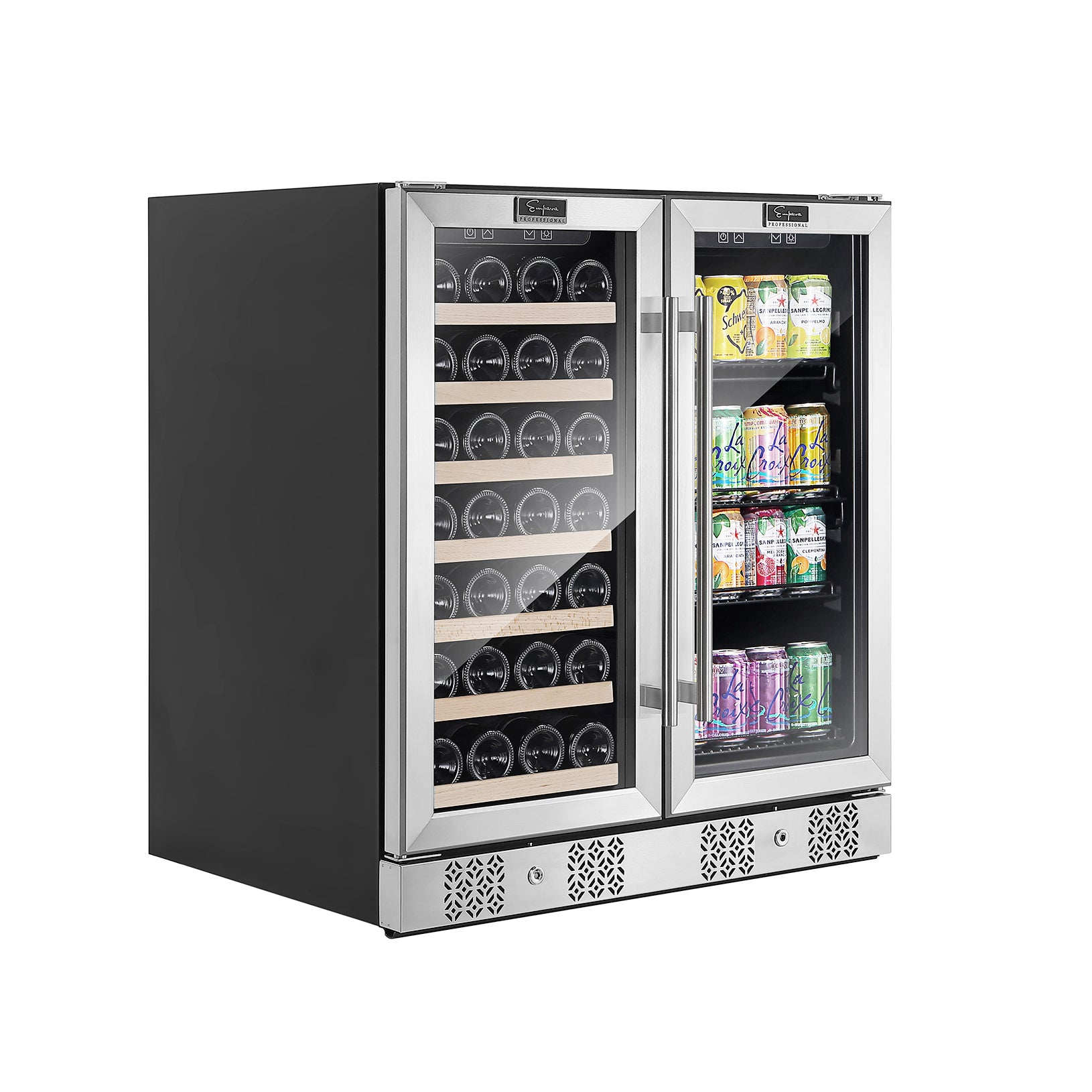 Start2Finish Empava BR04D dual zone wine and beverage cooler fridge with glass door and digital controls inside.