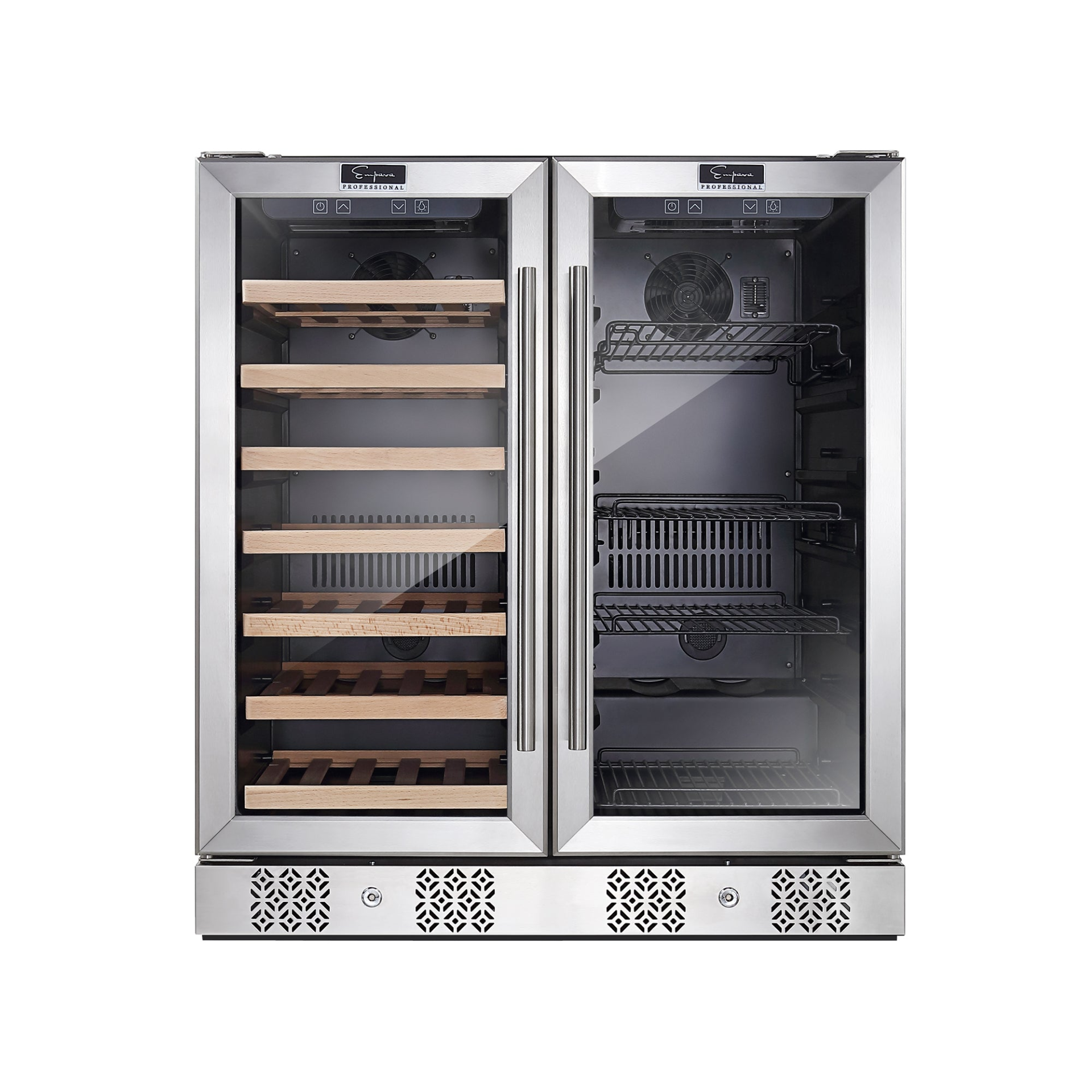 Start2Finish Empava BR04D dual zone wine and beverage cooler fridge with glass door and digital controls.