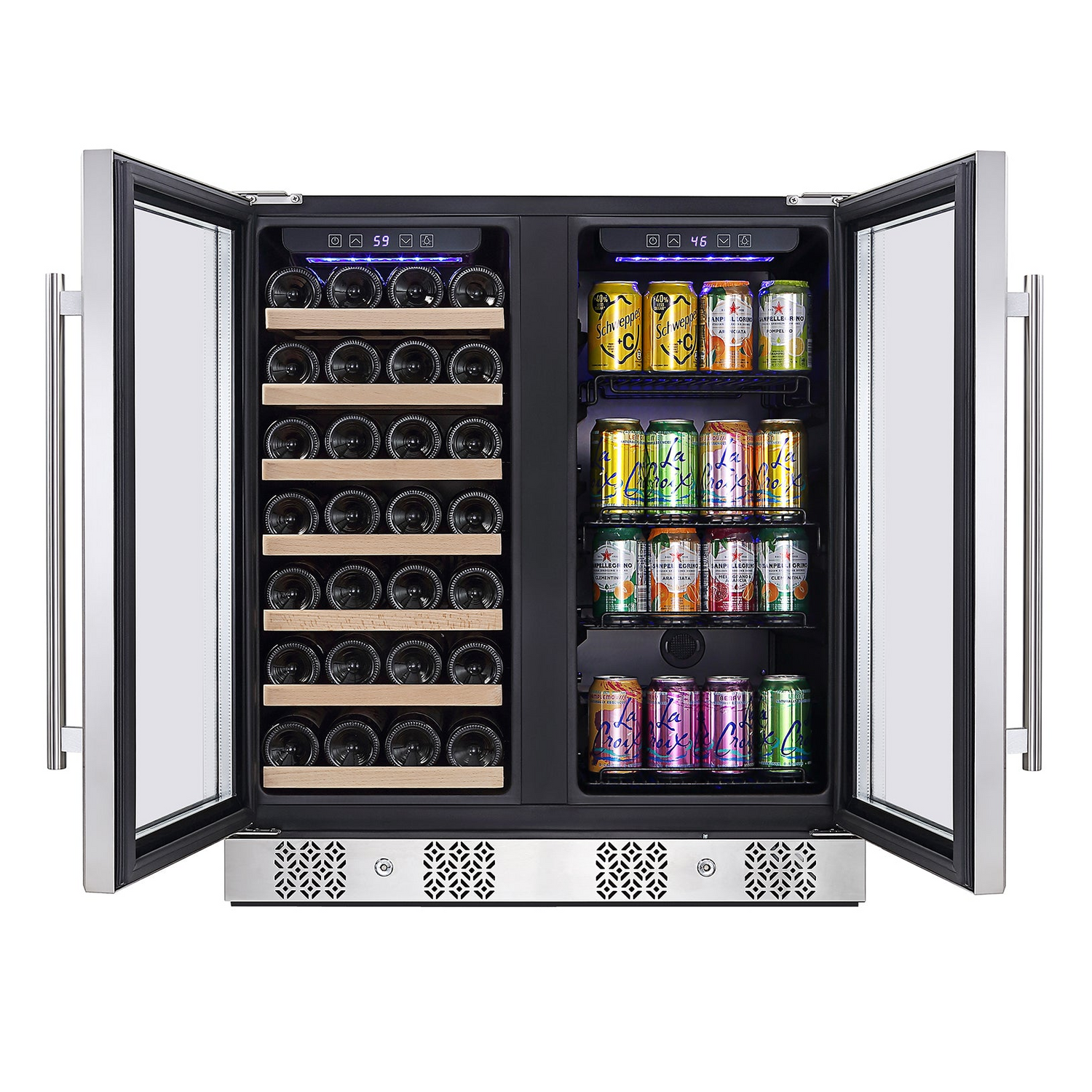Start2Finish Empava BR04D dual zone wine and beverage cooler fridge with glass door and digital controls.