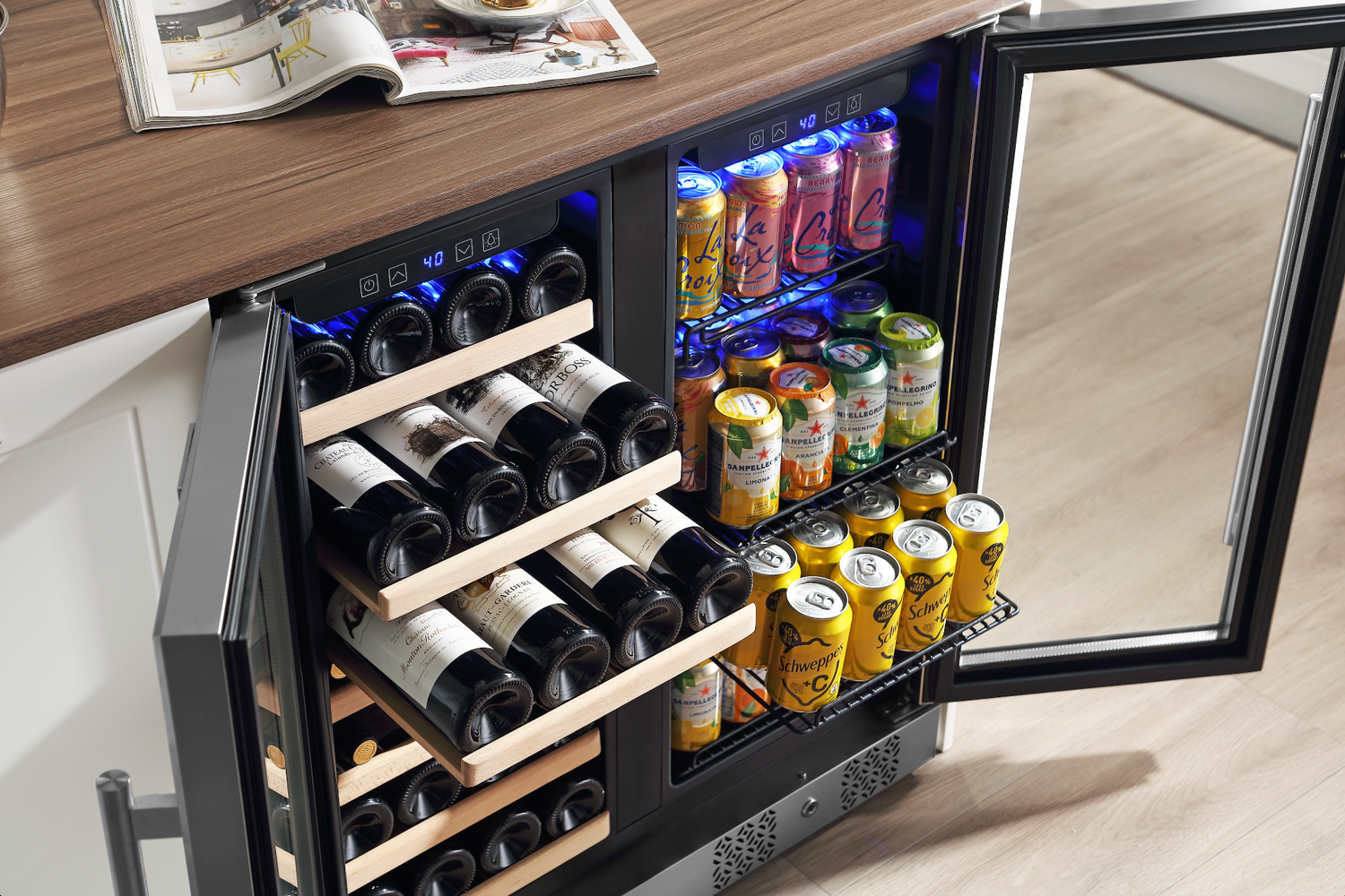 Start2Finish Empava BR04D dual zone wine and beverage cooler fridge with glass door and digital controls.
