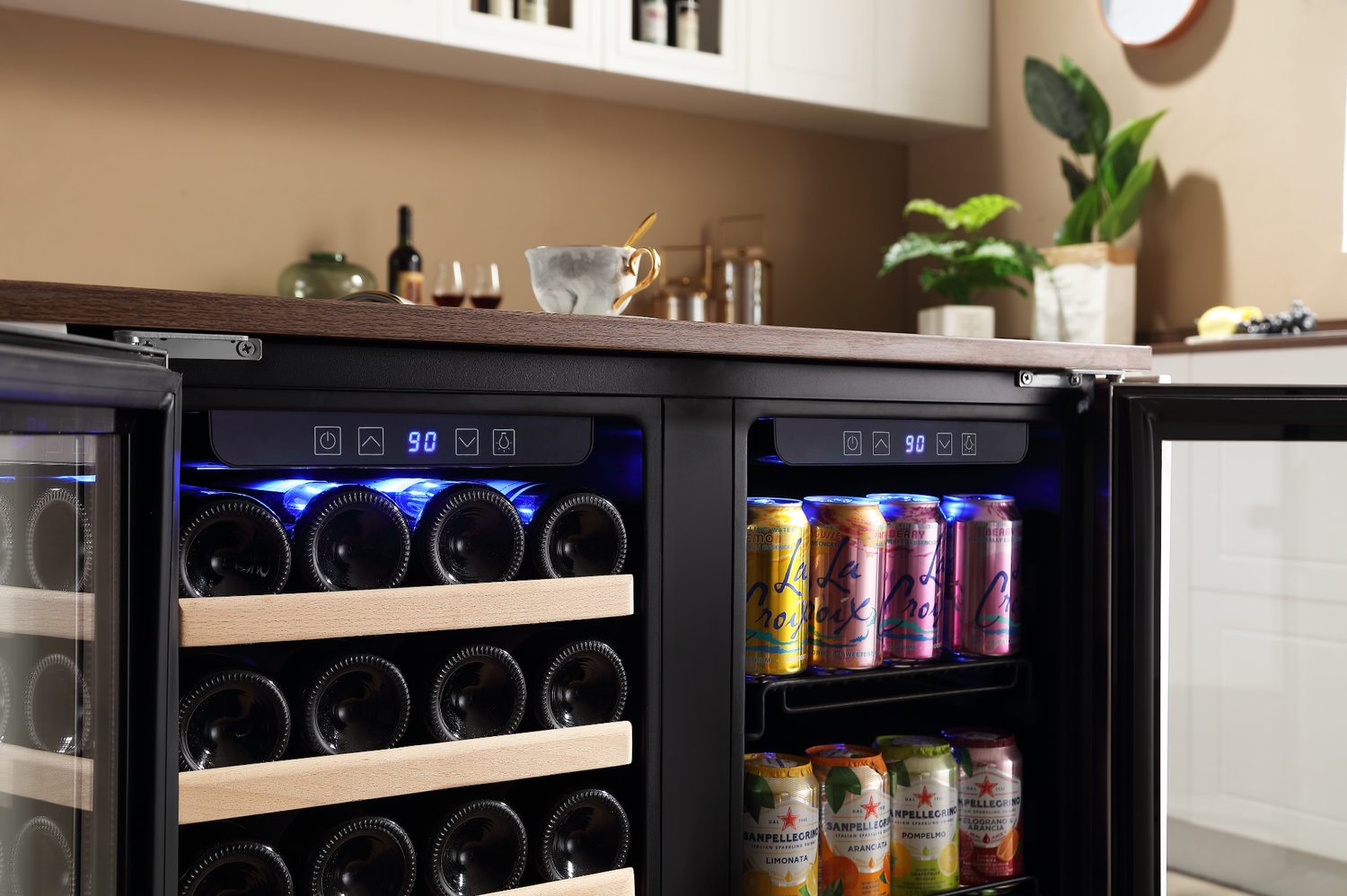 Start2Finish Empava BR04D dual zone wine and beverage cooler fridge with glass doors and digital control panel.