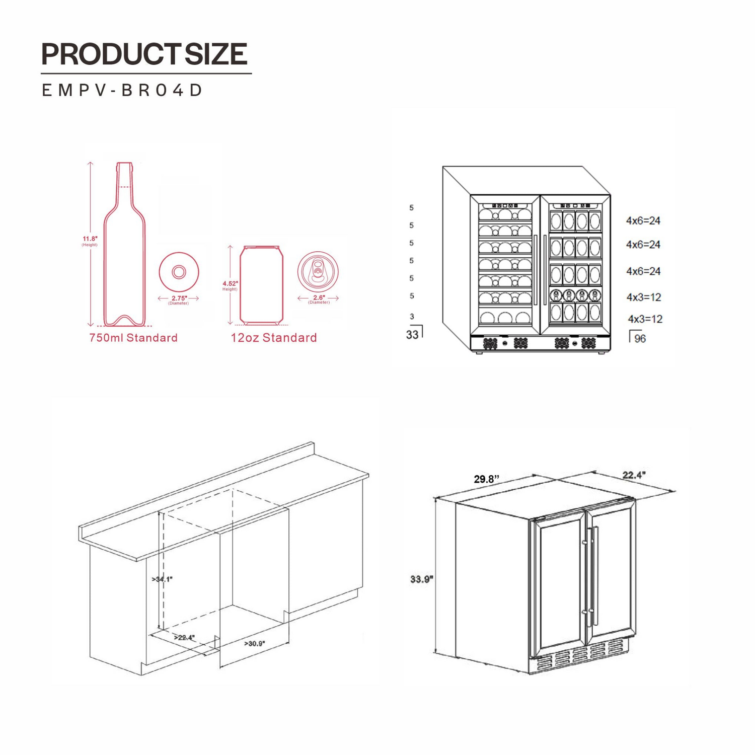 Empava BR04D dual zone wine and beverage cooler fridge with glass door and control panel, designed for kitchen appliances.