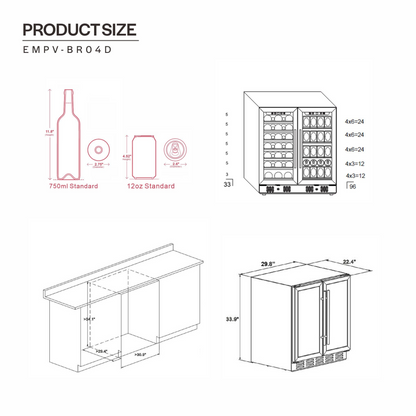 Empava BR04D dual zone wine and beverage cooler fridge with glass door and control panel, designed for kitchen appliances.