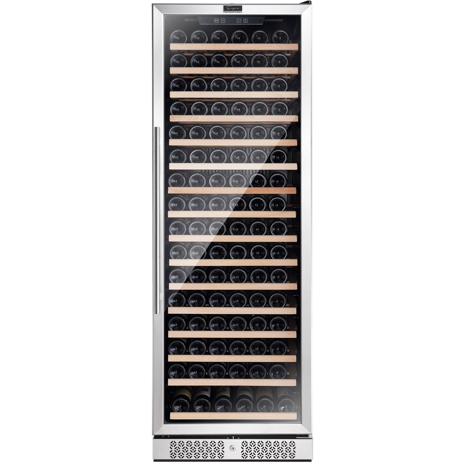 Empava WC07S 70-inch tall wine cooler appliance with glass door and interior shelving, designed for wine storage.