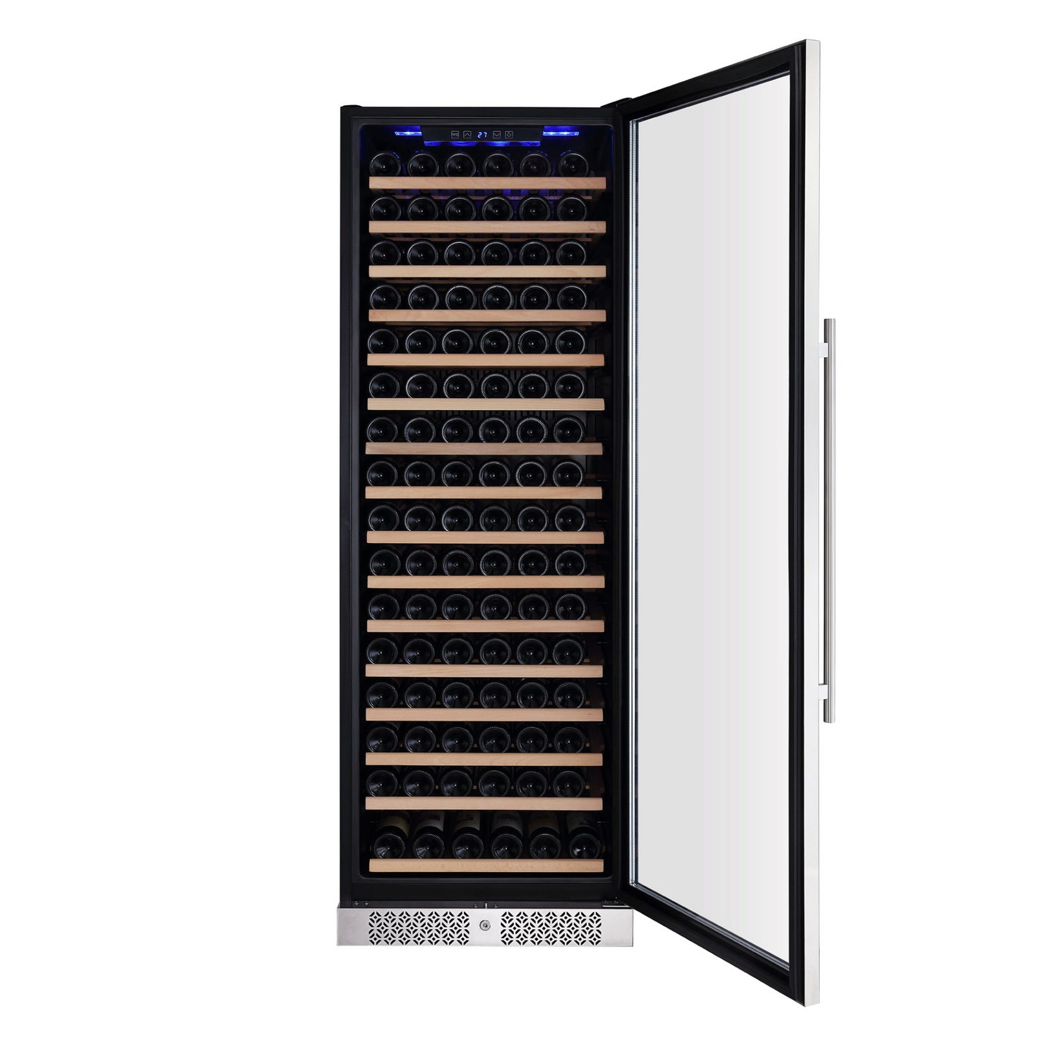 Start2Finish Empava WC07S wine cooler with 70-inch tall stainless steel fridge, glass door, and interior wine storage racks.