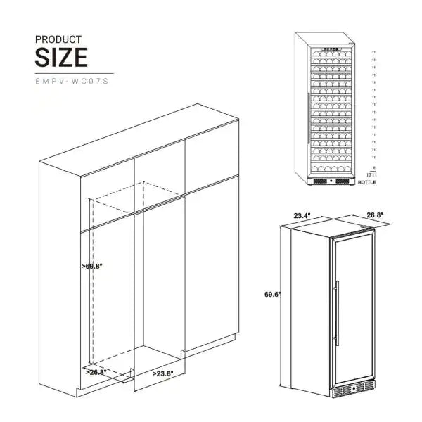Empava WC07S wine cooler, 70-inch tall wine fridge, sleek appliance with glass door and digital controls from Start2Finish.