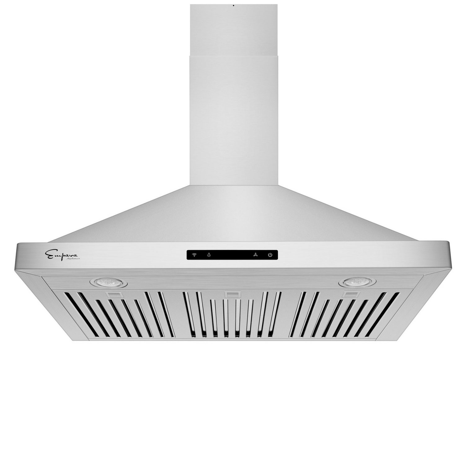 Start2Finish Empava 36-inch ducted wall mount range hood with 380 CFM airflow, stainless steel finish, and modern kitchen design.