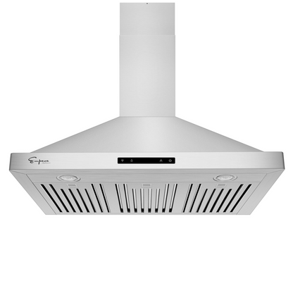Start2Finish Empava 36-inch ducted wall mount range hood with 380 CFM airflow, stainless steel finish, and modern kitchen design.