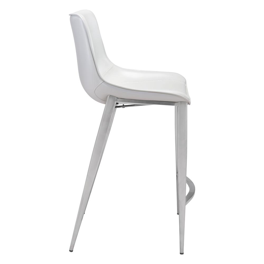 Set of two Magnus counter stools by Start2Finish with white seats and silver metal legs, perfect for kitchen or bar area.