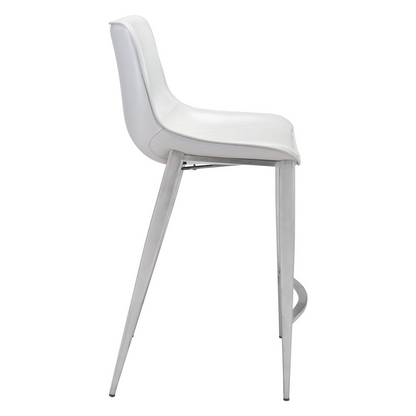 Set of two Magnus counter stools by Start2Finish with white seats and silver metal legs, perfect for kitchen or bar area.