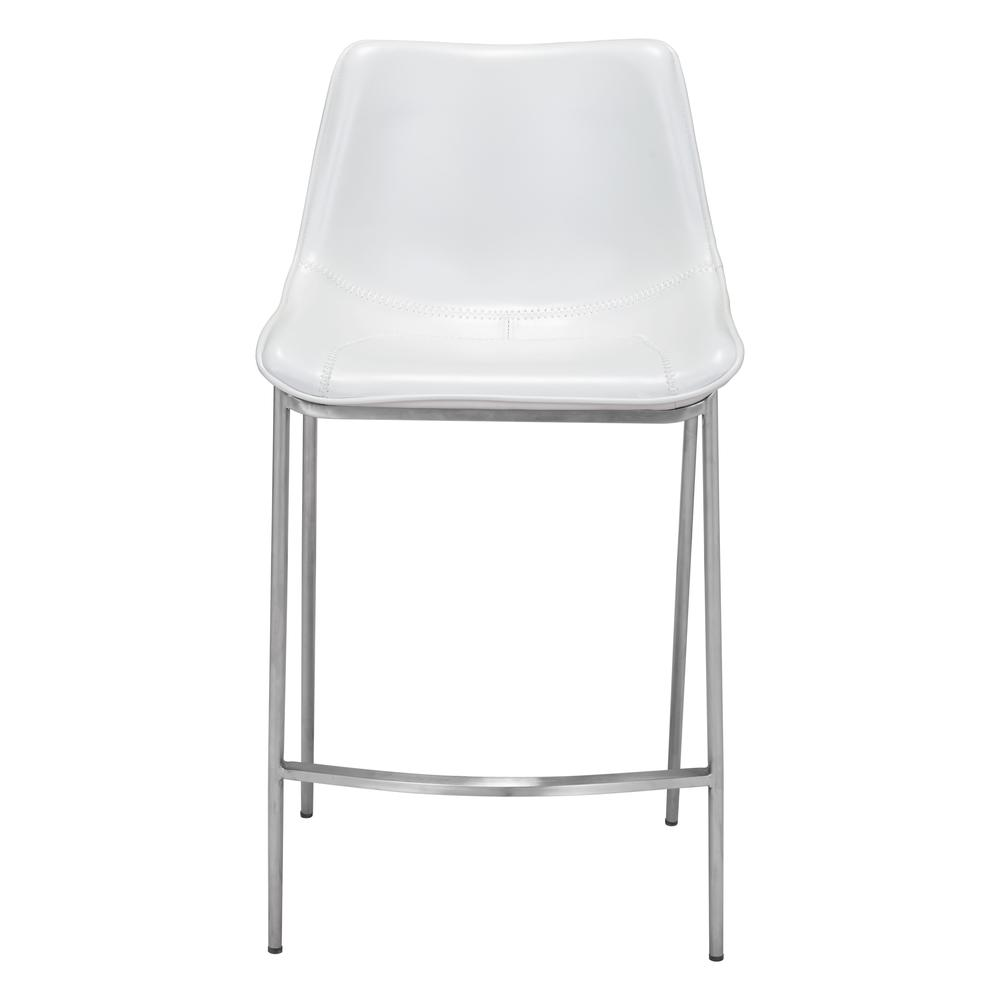 Set of two Magnus counter stools in white with silver accents, featuring modern design and sturdy metal legs.