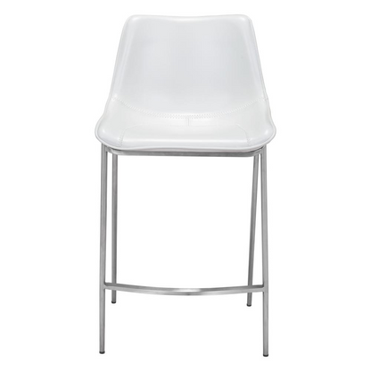 Set of two Magnus counter stools in white with silver accents, featuring modern design and sturdy metal legs.