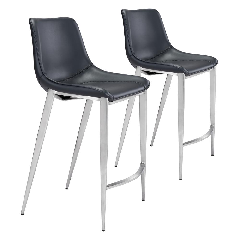 Magnus counter stools set of 2 by Start2Finish, black and silver metal furniture with padded seats and footrests.