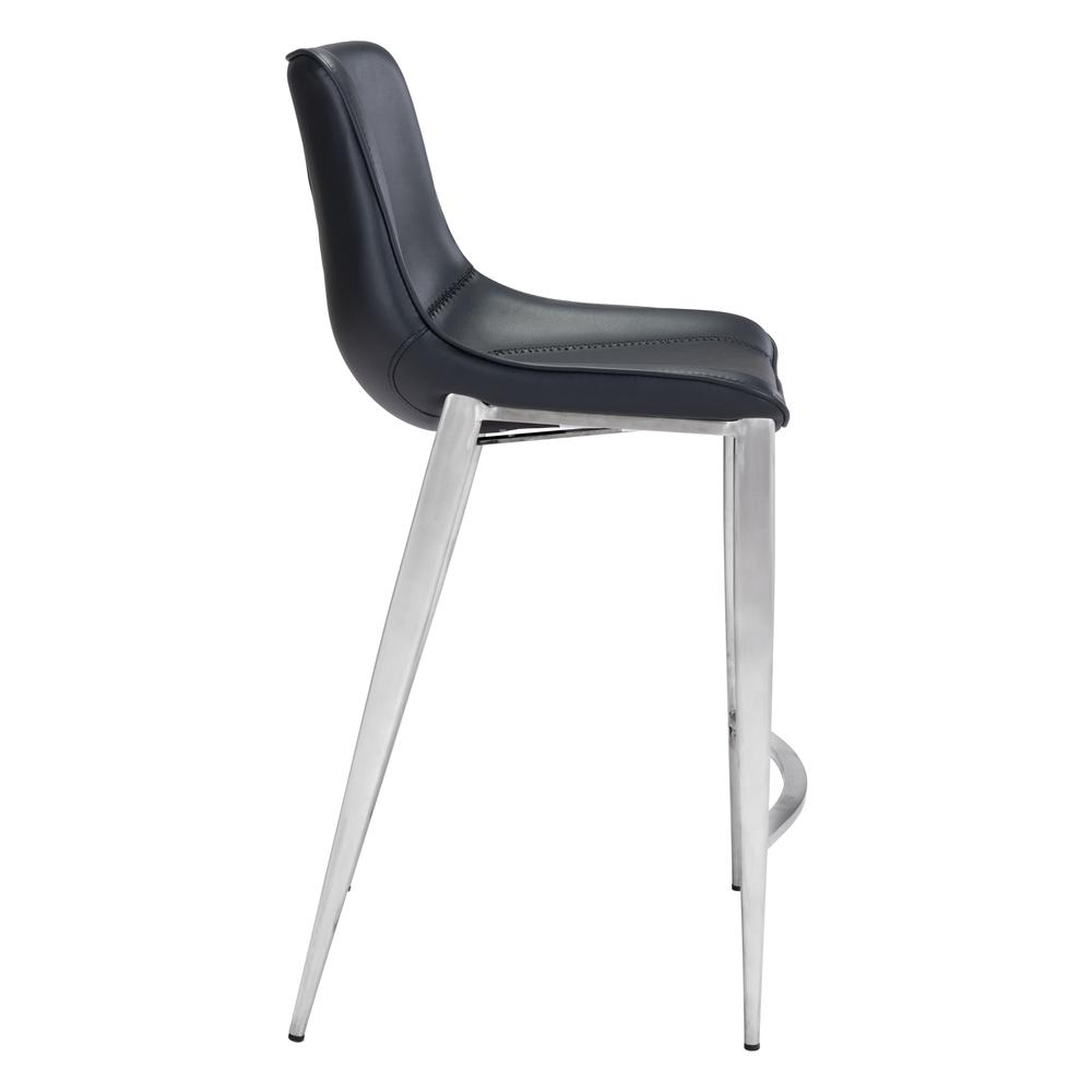 Pair of Magnus Counter Stools by Start2Finish with black seats and silver metal legs, placed around a kitchen counter.