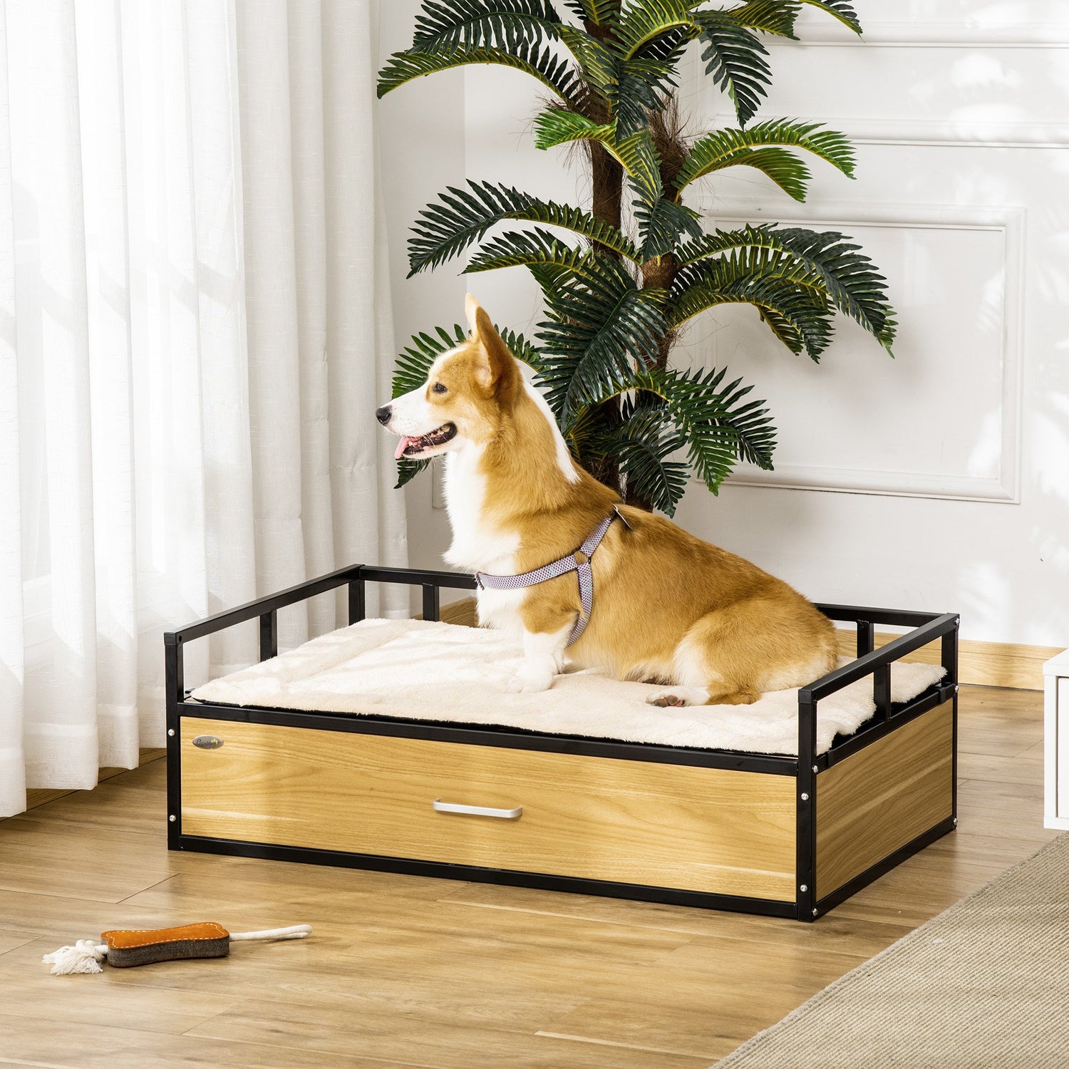 Taupe Shadow elevated dog bed with soft modern puppy couch design, furniture-style pet bed for comfortable indoor use
