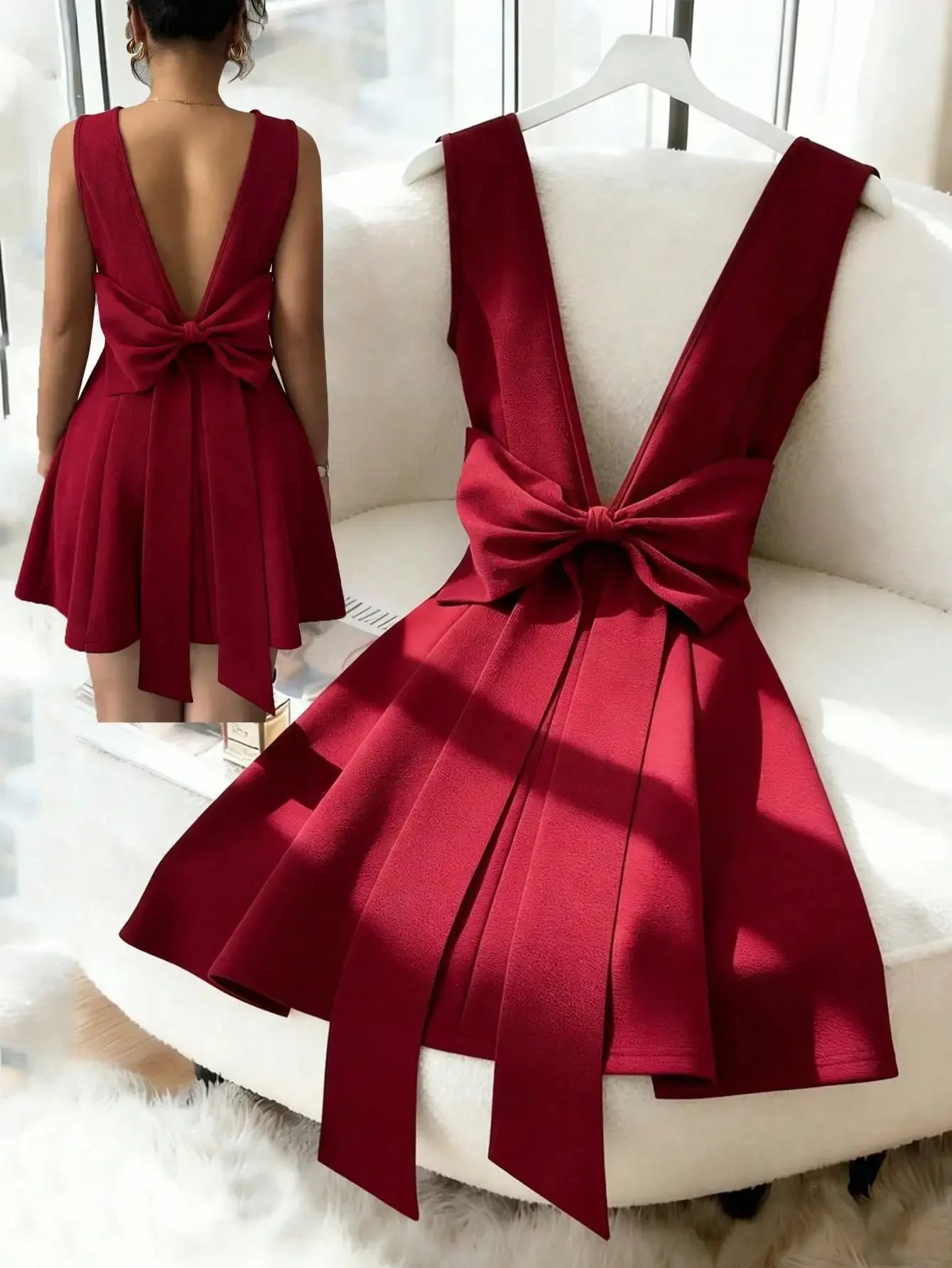 Elegant burgundy V-neck backless fitted dress with bowknot waist by Start2Finish, showcasing luxurious European style and sleek design.