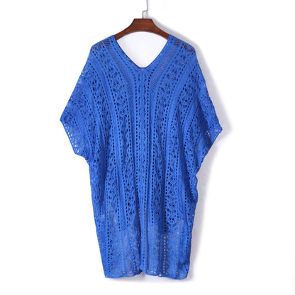 Cobalt blue crochet knitted kimono beachwear with tassel ties, women&