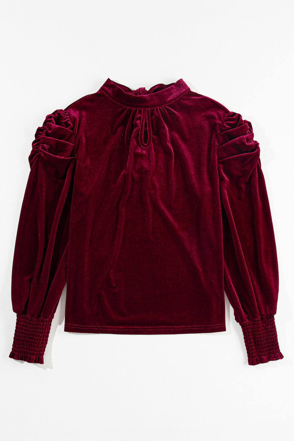 Carmine Juneberry fiery red velvet mock neck blouse with puff sleeves, stylish tops and blouses for elegant fashion.