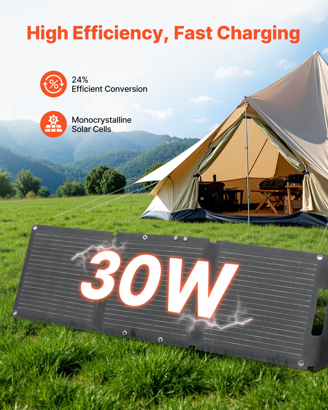 Start2Finish VEVOR 30W foldable solar panel charger with USB-A, Type-C ports, lightweight design for camping and portable device charging.