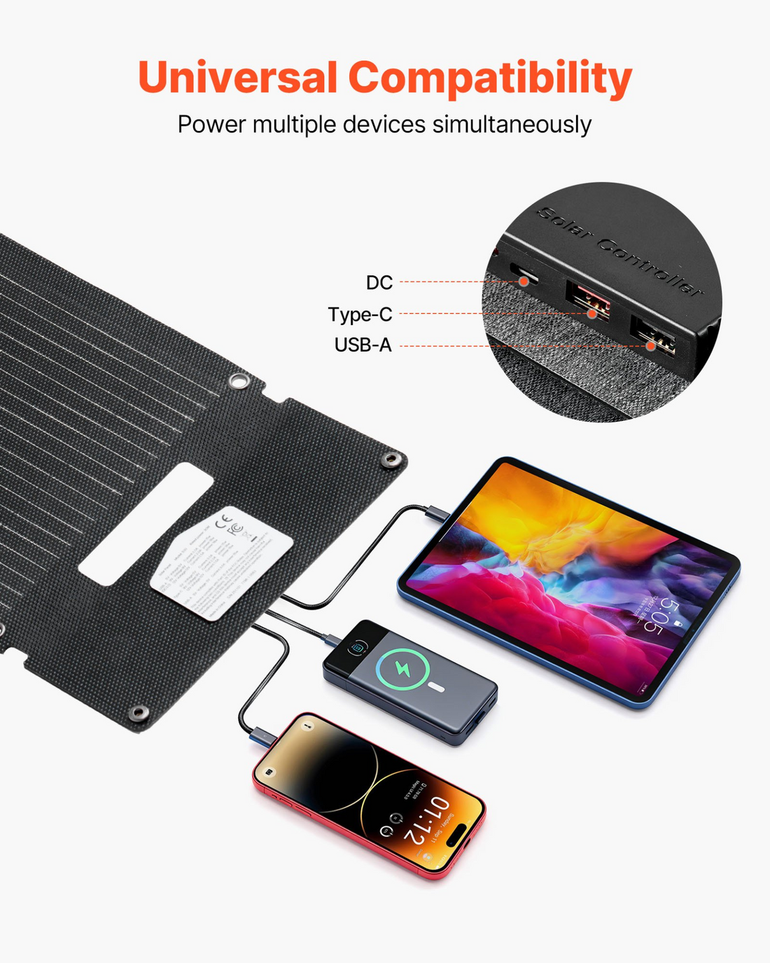 Start2Finish VEVOR 30W foldable monocrystalline solar panel charger with USB-A, Type-C ports, lightweight for camping and outdoor use.
