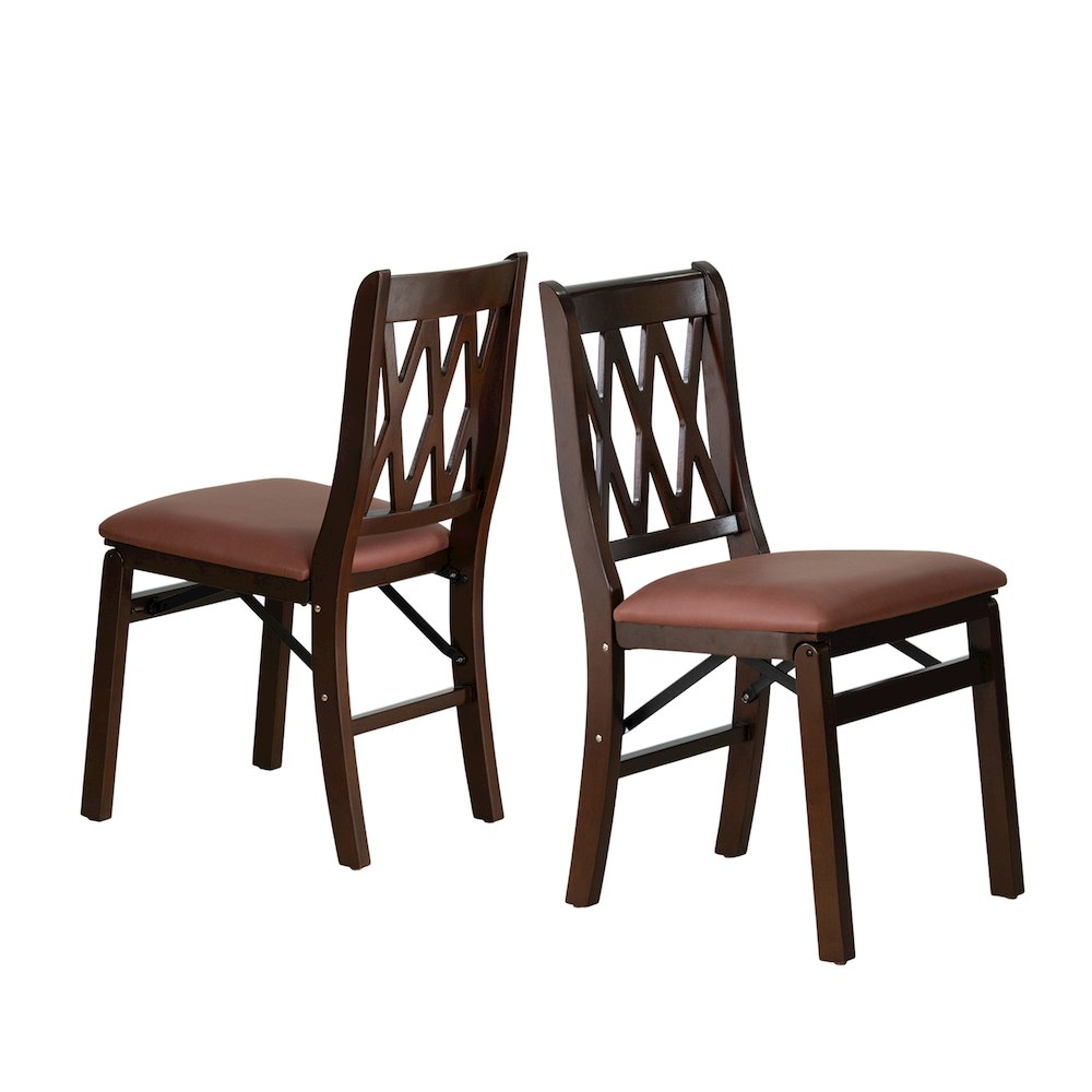 Pair of Start2Finish Plano modern dining chairs with PU leather seats, 3-X back design, mahogany finish, set of two.