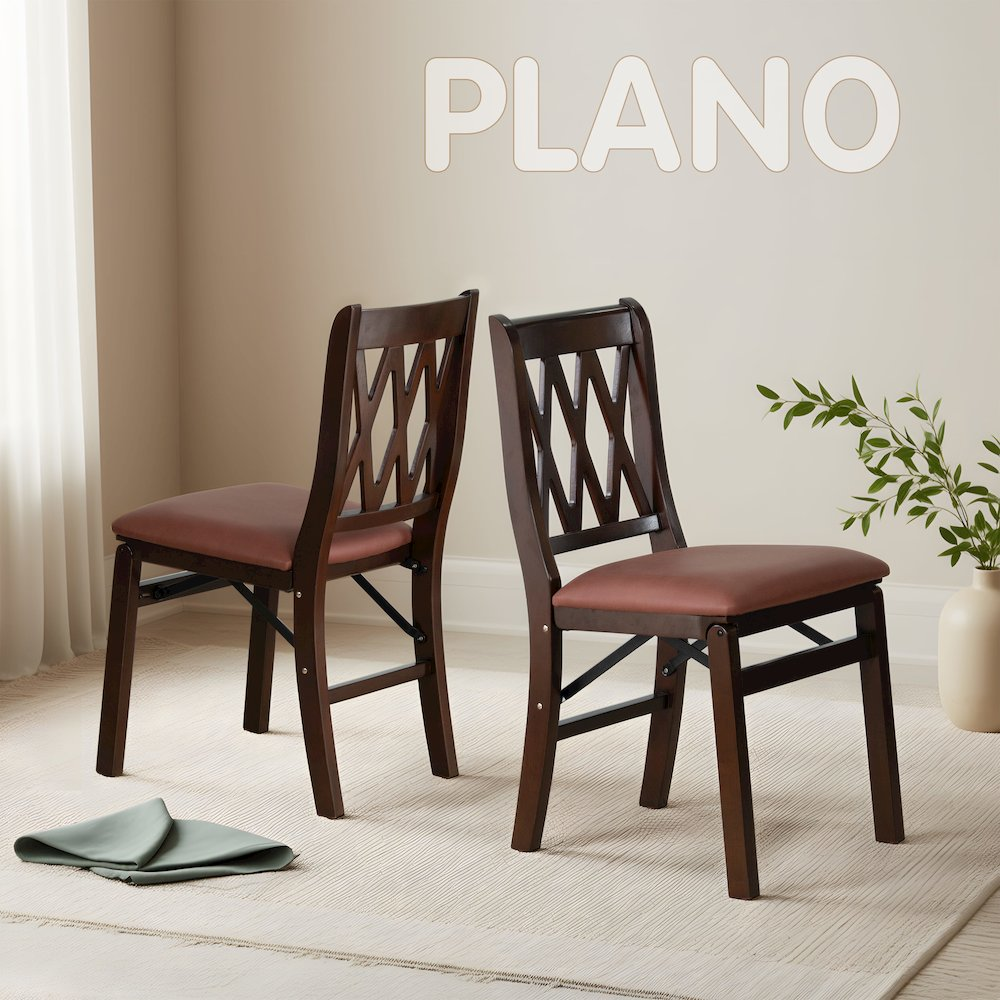 Set of 2 Plano Modern Dining Chairs by Start2Finish with PU leather seats, 3-X back design, in a rich mahogany finish.