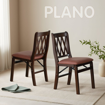 Set of 2 Plano Modern Dining Chairs by Start2Finish with PU leather seats, 3-X back design, in a rich mahogany finish.