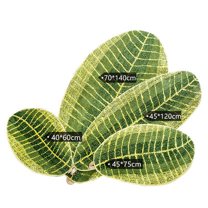 Fuchsia Molly banana leaf carpet for home decor, featuring a vibrant green leaf pattern on a textured fabric background.