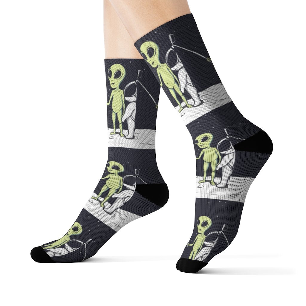 Funny Alien Selfie Socks by Yellow Pandora featuring colorful alien and spaceship patterns on comfortable socks.