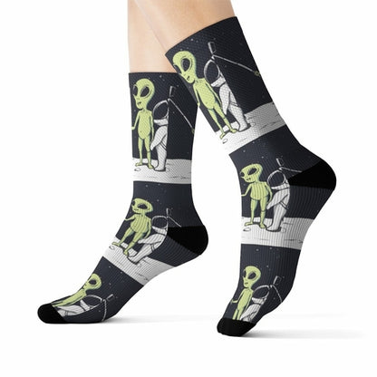 Yellow Pandora Funny Alien Selfie Socks featuring colorful alien and space-themed design on soft, comfortable socks.