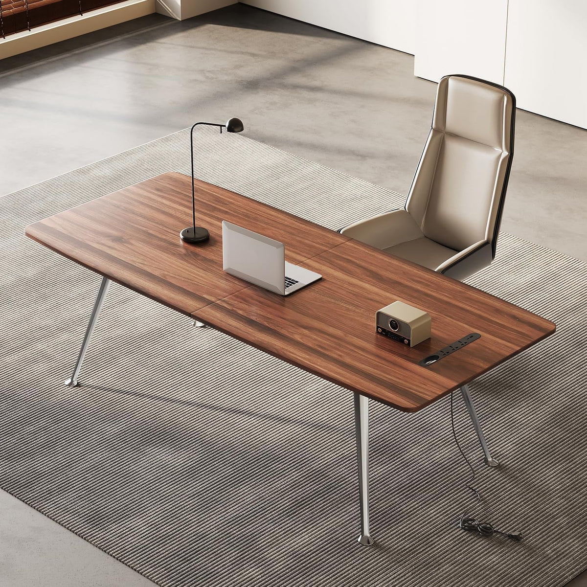 60 Inch Writing Computer Desk With Chrome Legs And Built In Power Outlet