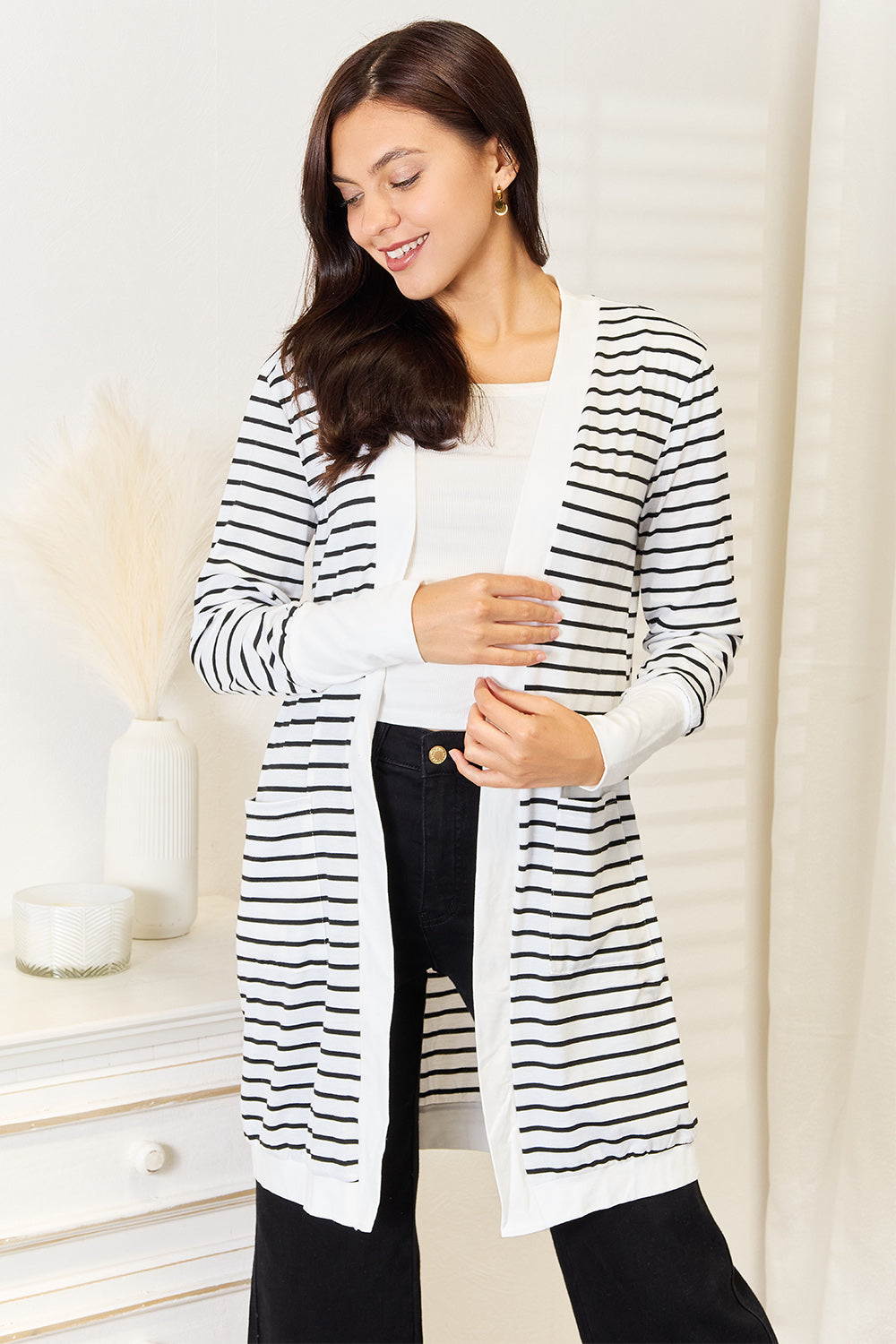 Pear Daisy double take striped open front longline cardigan, cozy knit for home and casual wear, with bold blue and white stripes.