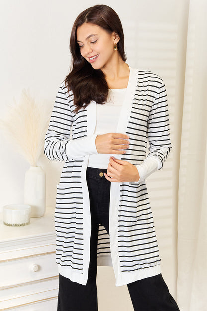 Pear Daisy double take striped open front longline cardigan, cozy knit for home and casual wear, with bold blue and white stripes.