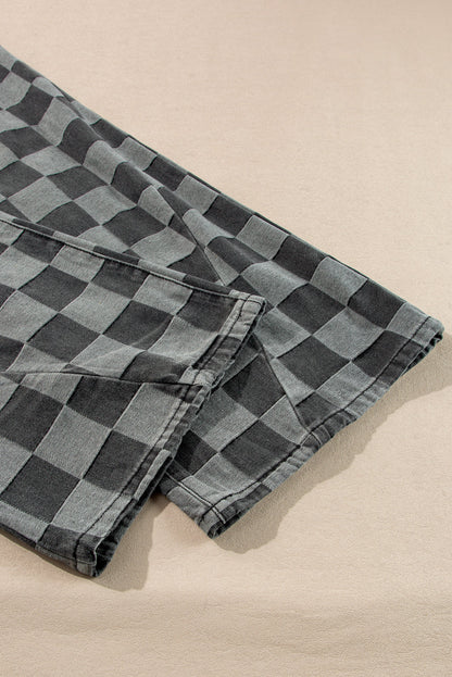 Dark grey checkered denim wide-leg jeans for women by Ruby Styx, featuring a relaxed fit and stylish checkered pattern.