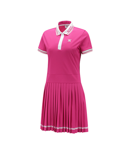Hot pink ANEW Golf women’s pleated skirt piqué dress by Amethyst Lucy, featuring a stylish golf-inspired design and pleated detail.